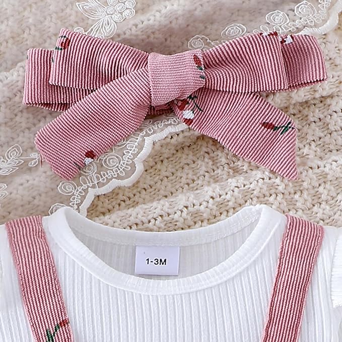 Infant Baby Girl Fall Outfit Romper Cherry Print Fake Two Pieces Patchwork Bow Jumpsuit Newborn Winter Clothes