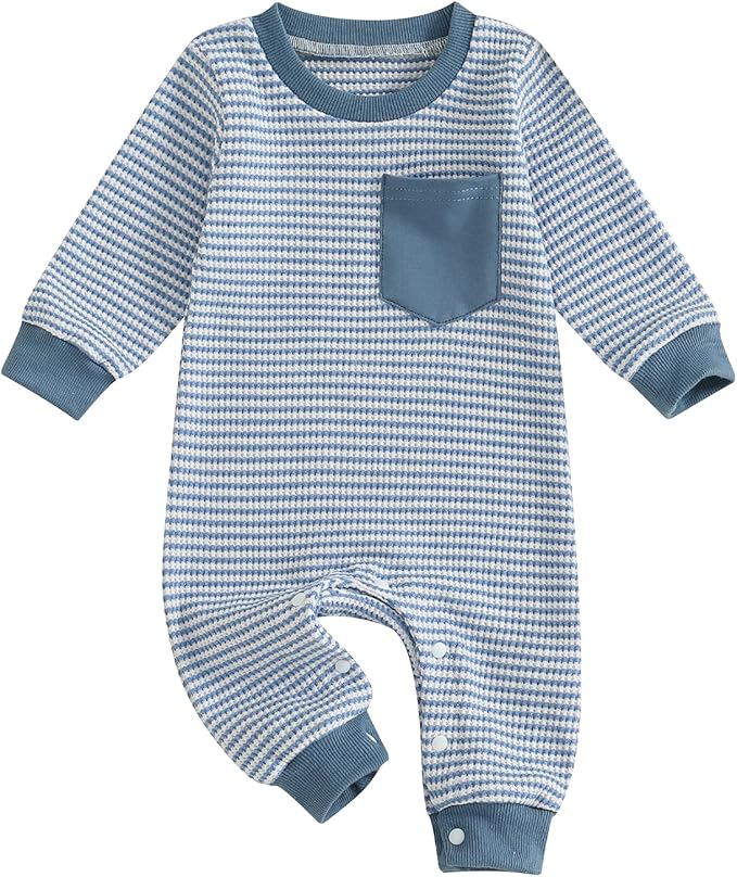 VISGOGO Newborn Infant Baby Boy Waffle Cotton Romper Clothes Onesie Stripe Jumpsuit 0 3 6 12 18 Months Long Sleeve Outfits