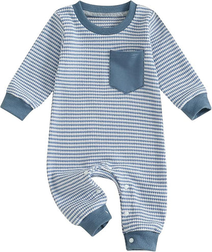 VISGOGO Newborn Infant Baby Boy Waffle Cotton Romper Clothes Onesie Stripe Jumpsuit 0 3 6 12 18 Months Long Sleeve Outfits