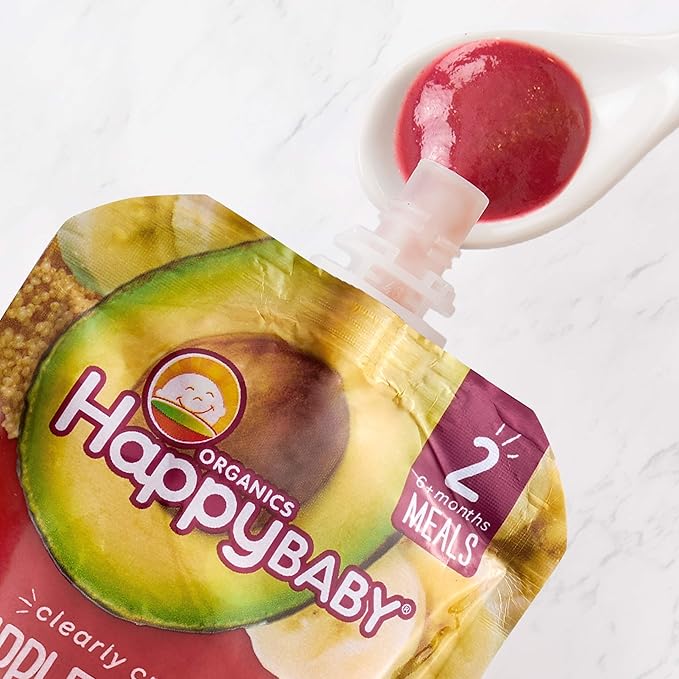 Happy Baby Organics Stage 2 Baby Food Pouches, Gluten Free, Vegan & Healthy Snack, Clearly Crafted Fruit & Veggie Puree, Purple Carrots, Bananas, Avocados & Quinoa, 4 Ounces (Pack of 16)