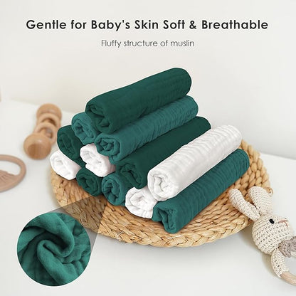 Sunny zzzZZ Baby Muslin Washcloths -100% Cotton Muslin Soft Baby Bath Wash Cloths and Absorbent Burp Cloths for Newborns Kids Girls and Boys -12 Pack, 12x12 Inches - White+Deep Emerald Series