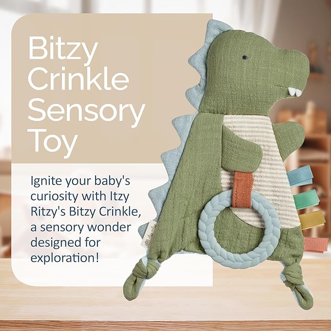 Itzy Ritzy - Bitzy Crinkle Sensory Toy for Babies & Toddlers — Features Crinkle Sound, Soft Braided Teething Toy Ring & Textured Ribbons — Gender Neutral Baby Item for Ages 0 Months & Up, Dinosaur