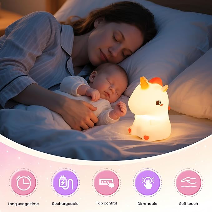 Night Light for Kids, Rechargeable Dimmable Silicone LED Nightlight with 7 Colors, Baby Nursery Night Lamp, Touch Squishy Lamp, Cute Gifts for Girls, Boys, Toddler Room Decor, Unicorn