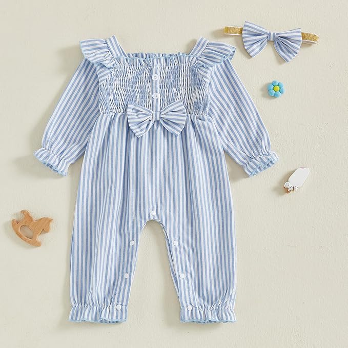 Newborn Infant Smocked Baby Girl Clothes Plaid Bubble Romper Long Leg Bodysuit Bow One-Piece Jumpsuit