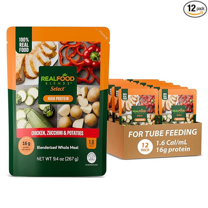 Real Food Blends Select Chicken, Zucchini & Potatoes – Pureed Food Meal for Feeding Tubes, 9.4 oz Pouch (Pack of 12 Pouches)