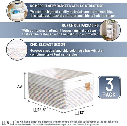 NaturalCozy Storage Baskets 16.8”x13”x7.6” Cotton Rope Woven Baskets for Organizing 3-Pack | Toy Storage Bins | Basket for Shelves, Laundry, Blanket, Clothes, Closet, Kitchen, Bathroom, Gifts