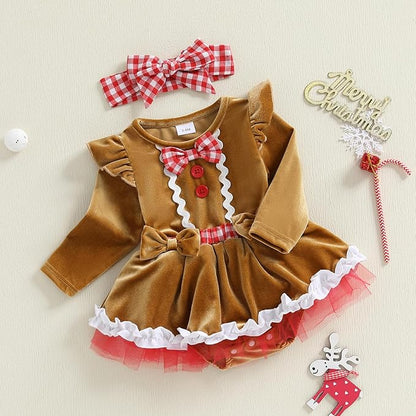 Newborn Christmas Outfit Baby Girl Plaid Romper Dress Infant Ruffle Long Sleeve Ribbed Bodysuit Headband Clothes