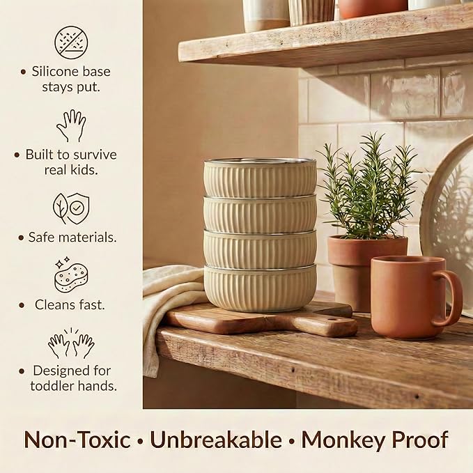 Monkey Proof™ Non-Toxic Stainless Steel Child Bowl 5” with Non-Slip Grooved Silicone Shell, (Set of 4 bowls) Unbreakable, Mess Free Feeding for Babies, Toddlers, Kids, BPA free (Sand Grooved)