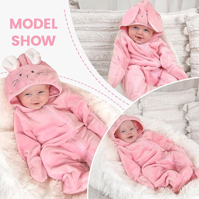 JiAmy Baby Snowsuit Baby Bear Hooded Onesie With Fold-Over Newborn Animals Fleece Outifts Thin Fall Winter Outfits