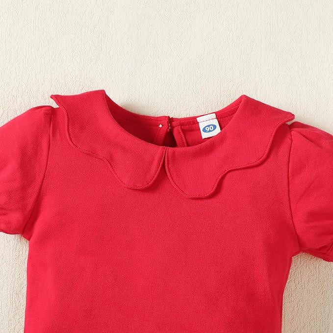 0-24M Infant Girls Ruffle Collar Romper Baby Girl Solid Color Bodysuit Casual Jumpsuit (Red short, 6-9 Months)