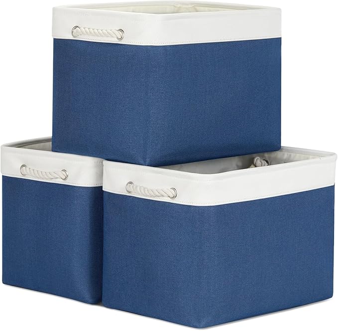Bidtakay Large Storage Baskets for Shelves 3 Pack Fabric Storage Bins for Organizing Navy Blue Decorative Baskets Linen Collapsible Organizer for Closet