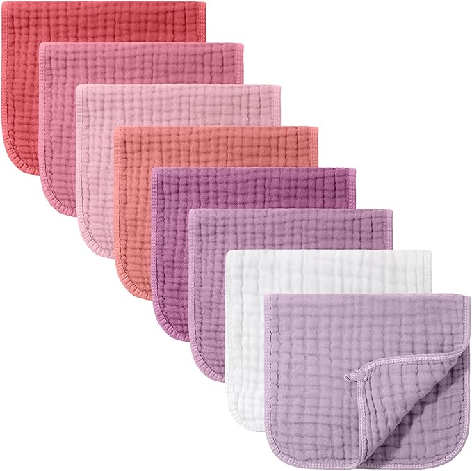 8 Packs Muslin Burp Cloths Large 20" x 10", 6 Layers Unisex Baby Absorbent 100% Cotton Burp Rags Colorful Muslin Washcloths for Baby Plain Soft Cotton Cloth for Babies Girls Boys(Vivid Colors)