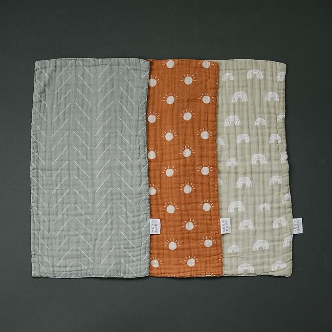Mebie Baby Burp Cloths, Neutral Print 3-Pack, Muslin Burp Cloth Set for Spit Up, Drool, and More, Boho Burp Cloths for Baby Boy and Girl, Baby Must Haves for Registry