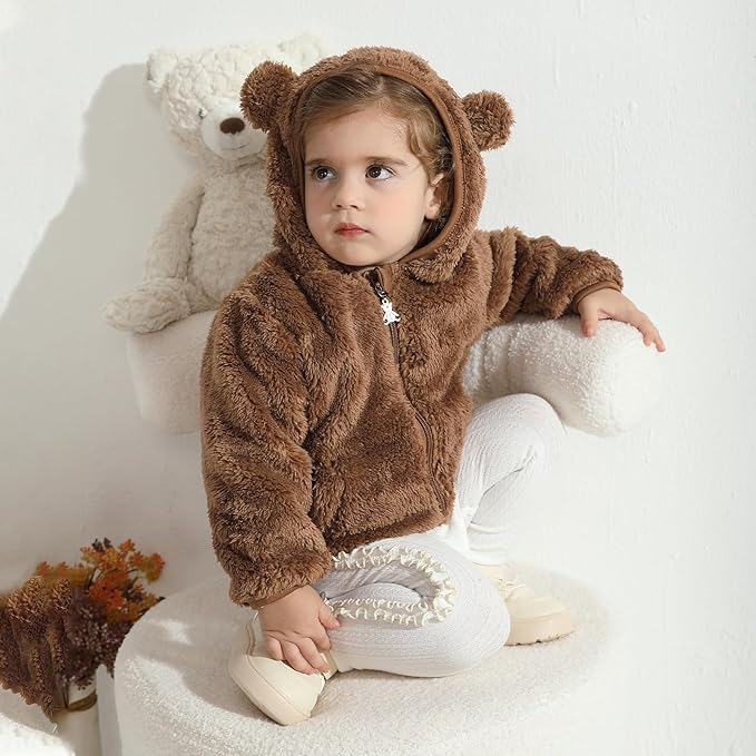 Baby Toddler Boys Girls Fleece Jacket with Hood Zip Up Cute Bear Coats for Infant Boys Girls Fuzzy Jacket with Ear 1-5T