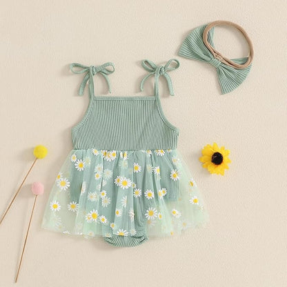 Baby Girl Clothes Daisy Ribbed Bodysuit Sleeveless Romper Dress Summer Outfit for Girls Newborn 3 6 9 12 18 Months