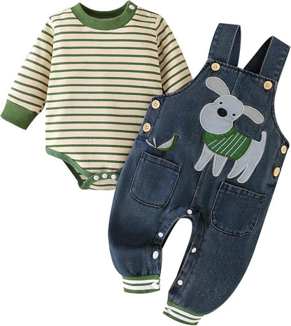Baby Boy Clothes Fall Winter Outfits Long Sleeve Striped Romper Cute Cartoon Jeans Overalls Pants Set 0-18 Months