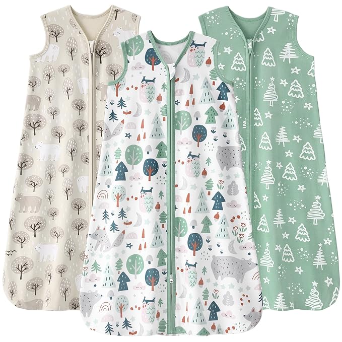 Baby Sleep Sack 6-12 months, 100% Cotton Sleeping Sack for Newborn and Infant, 3 Pack Baby Wearable Blanket for Boy and Girl, 0.5 Tog Lightweight Double Zipper Sleep Bag Green Apricot Bear
