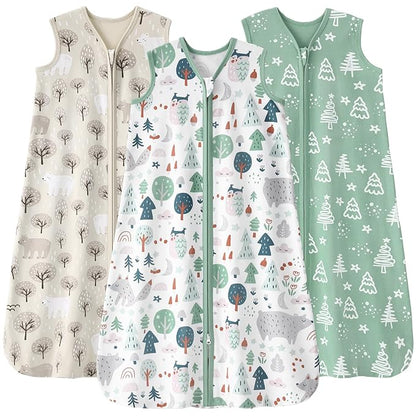 Baby Sleep Sack 0-6 months, 100% Cotton Sleeping Sack for Newborn and Infant, 3 Pack Baby Wearable Blanket for Boy and Girl, 0.5 Tog Lightweight Double Zipper Sleep Bag Green Apricot Bear