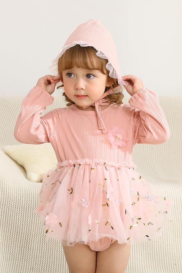 YOUNGER TREE Newborn Baby Girl Romper Dress Outfits Long Sleeve Floral Tutu Bodysuit with Leggings Hat Infant Fall Clothes