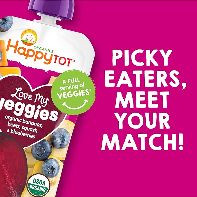 HAPPYTOT Organics Stage 4 Baby Food Pouches, Gluten Free, Vegan Snack, Love My Veggies, Fruit & Veggie Puree, Banana, Beet, Squash & Blueberry, 4.22 Ounce (Pack of 16)