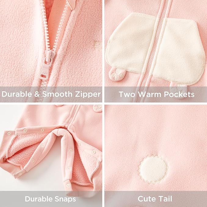 DAVE&BELLA Animal Jumpsuit for Baby Boy Girl, Hooded Winter One-Piece Romper Zip Up Fleece Infant Bodysuit with Snap Closure