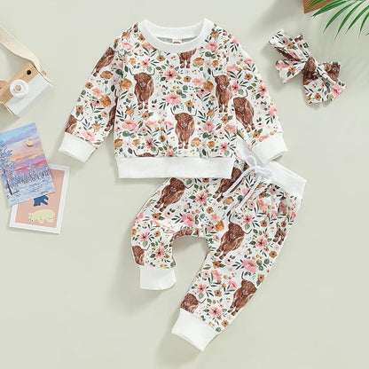 3Pcs Baby Girl Outfits Daisy Sweatshirt + Pants + Headband Infant Fall Winter Clothes