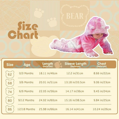 Jimonda Baby Tie Dye Snowsuit Winter Fleece Jumpsuit 0-18 Months, 100% Polyester Hooded Romper with Bear Ears for Infant