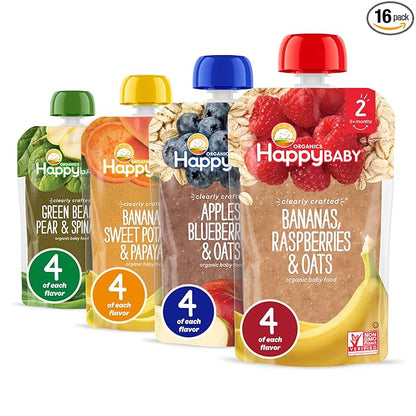 Happy Baby Organics Stage 2 Baby Food Pouches, Gluten Free, Vegan & Healthy Snack, Clearly Crafted Fruit & Veggie Puree, Fruit & Veggie Variety Pack, 4 Ounces (Pack of 16), Amazon Exclusive