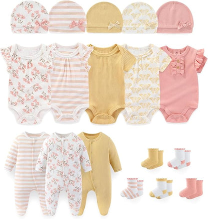 Baby Boy Girl Layette Set 18 Piece Infant Essentials Must Haves Clothes 0-9 Month Rompers+Bodysuits+Hats+Socks