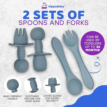 Baby Led Weaning Supplies | 10 Piece Silicone Baby Feeding Set | Baby Toddler Bib Cup Divided Plate and Bowl Self Feeding Spoons Dish Set | Baby Utensils | Toddler Feeding Supplies (Sky)