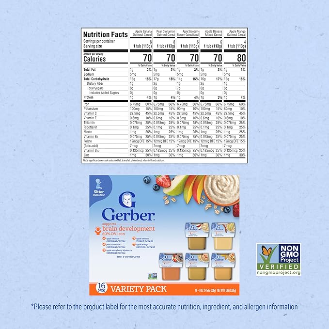 Gerber Stage 2 Baby Food, Baby Fruit And Cereal Tubs Variety Pack, Iron Helps Support Brain Development, No Artificial Flavors, Baby Cereal, 32-Pack