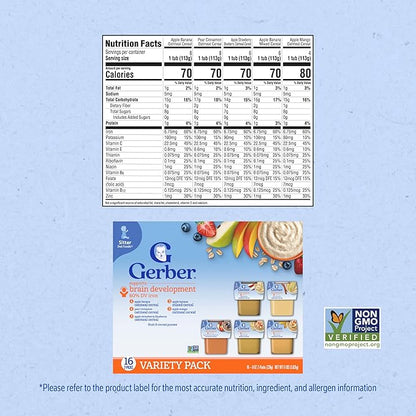 Gerber Stage 2 Baby Food, Baby Fruit And Cereal Tubs Variety Pack, Iron Helps Support Brain Development, No Artificial Flavors, Baby Cereal, 32-Pack