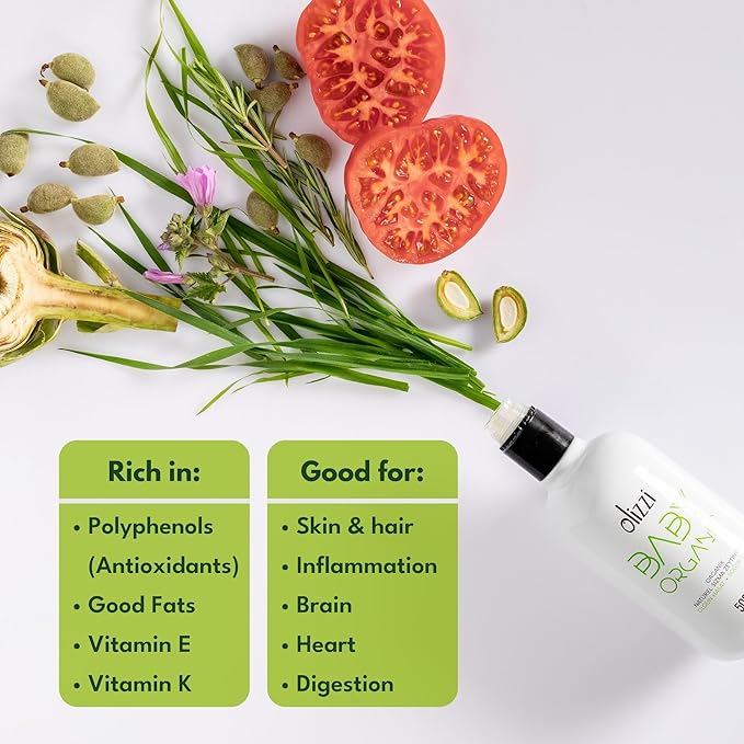 Olive Oil for Baby Food - Olizzi Baby Organic Extra Virgin Olive Oil, Cold Pressed, USDA Organic, Kosher, Delicious, Smooth, Award Winning, Polyphenol Rich, 16.9 FL OZ (500 ML)