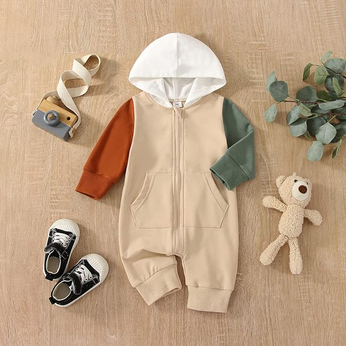 BemeyourBBs Newborn Baby Boy Clothes Color Block Long Sleeve Zipper Hooded Romper with Pocket Fall Winter One Piece Outfits