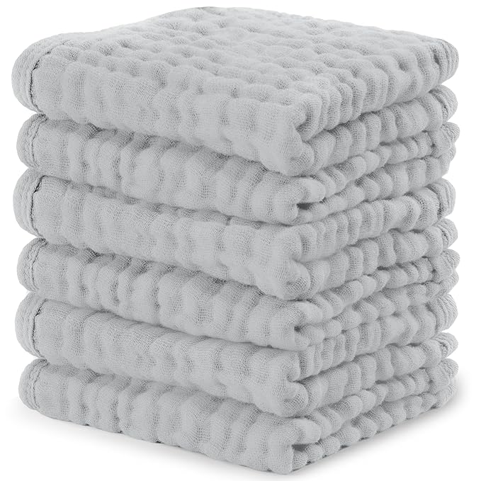 Comfy Cubs Muslin Baby Washcloths 6 Pack - Soft 6-Layer Cotton Wash Cloths for Sensitive Skin - 10"x10" Large, Gentle, Absorbent Infant Essentials for Newborn and Toddlers - Heather Blue
