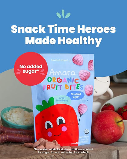 Amara Organic Fruit Bites Sweet Strawberry - No Added Sugar, Dairy-Free, Nut-Free Organic Fruit Snacks, Made with Organic Whole Foods, Allergy-Friendly Healthy Fruit Snacks for Kids - 21g 6PK