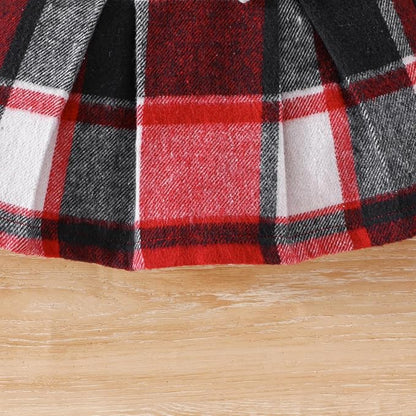 Toddler Baby Girl Plaid Dress Puff Sleeve Bow Patchwork Ribbed Shirts Dress Plaid Fall Winter Outfits with Headband