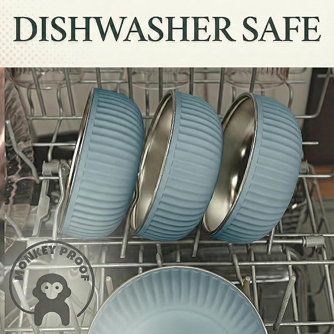 Monkey Proof™ Non-Toxic Stainless Steel Child Bowl 5” with Non-Slip Grooved Silicone Shell, (Set of 4 bowls) Unbreakable, Mess Free Feeding for Babies, Toddlers, Kids, BPA free (Stormy Sky Grooved)