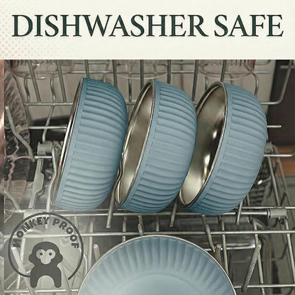 Monkey Proof™ Non-Toxic Stainless Steel Child Bowl 5” with Non-Slip Grooved Silicone Shell, (Set of 4 bowls) Unbreakable, Mess Free Feeding for Babies, Toddlers, Kids, BPA free (Stormy Sky Grooved)