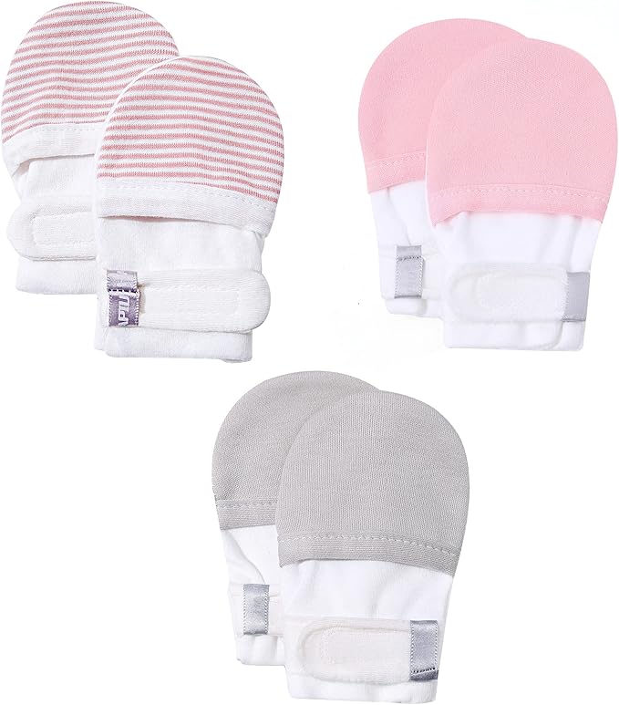 HAPIU Baby No Scratch Mittens Stay On, 100% Cotton Breathable, Adjustable Infant Gloves for Boys Girls, Newborn - 12 M