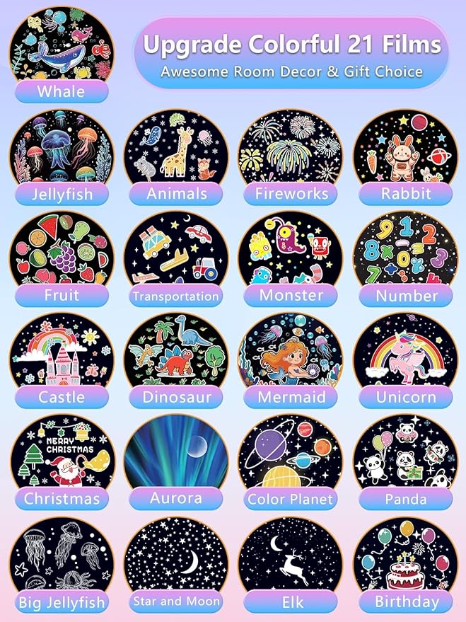 21 Sets of Films + Kids Night Light Projector, Projector Night Light for Kids Bedroom, Ceiling, Star Galaxy Projector with 360° Rotation, Dimmable for Baby Toddler Girl, Christmas, Nursery, Room Decor