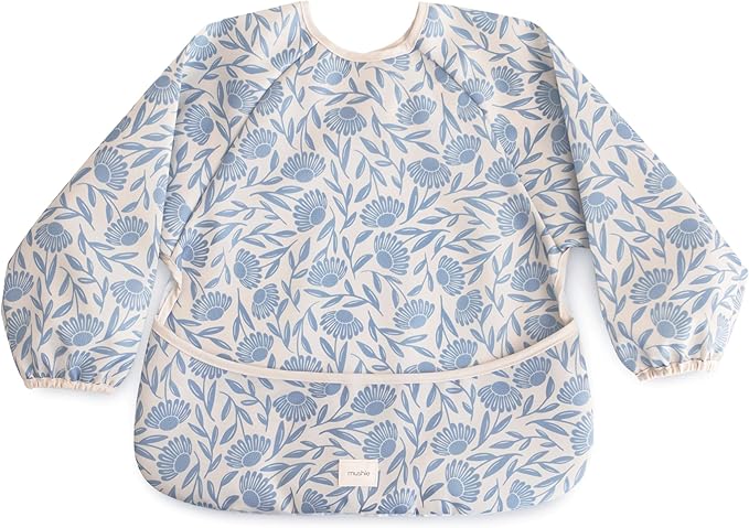 mushie Long Sleeve Baby Bib | Water Resistant Adjustable Fit for Ages 6-24 Months