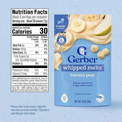 Gerber Stage 3 Baby Food Snacks, Banana Pear Whipped Melts, Baby Led Feeding, 7PK