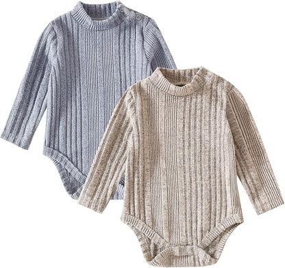 DEFAHN Baby Turtleneck Bodysuit Long Sleeve Boy Girl Ribbed Knit Jumpsuit Outfit 2 Pack Baby Solid Onsies 0-24 Months