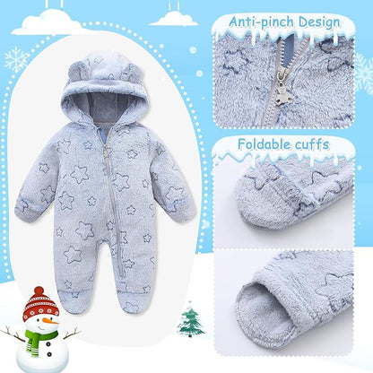 Fairy Baby Newborn Baby Bear Onesie Thin Fleece Footie Romper Snowsuit Hooded Jumpsuit Bodysuit Winter Outwear Boy Girl 0-12M