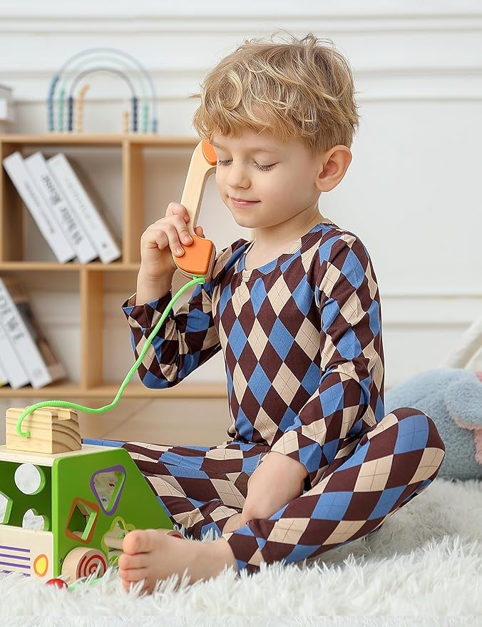 JunNeng Bamboo Viscose Pajamas for Toddler Boys, Baby Kids Diamond Pajamas Snug Fit Long Sleeve Sleeper