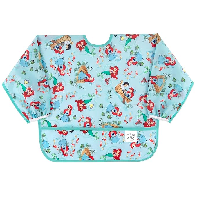 Bumkins Disney Sleeved Bib for Girl or Boy, Baby and Toddler for 6-24 Mos, Essential Must Have for Eating, Feeding, Baby Led Weaning Supplies, Long Sleeve Mess Saving Food Catcher, Soft Fabric, Ariel