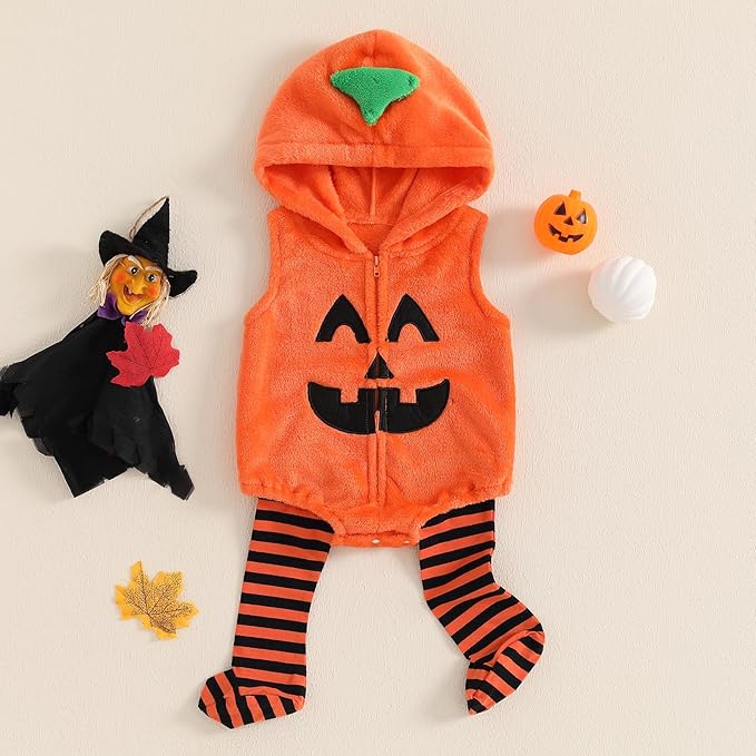 Baby Halloween Costumes Bee/Pumpkin/Ghost Costume Zipper Hooded Sleeveless Romper Stockings Infant Halloween Clothes