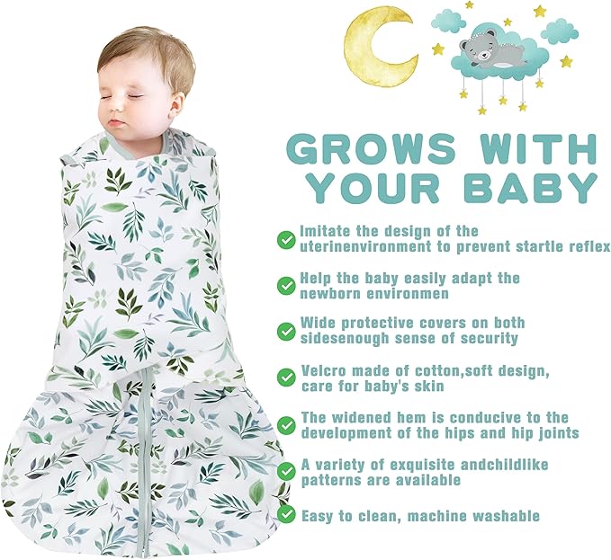 Newborn Sleep Sack Baby Swaddle,Swaddle me 3-6 Month,3-Way Adjustable Wearable Blanket,100% Rayon Cotton Swaddling Sleeping Bag，TOG 0.5 (Leaf, 3-6 Months)