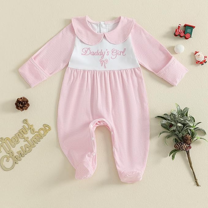 Newborn Baby Girl Footed Romper Onesie Little Sister Embroidery Fall Clothes Coming Home Outfit Vintage Jumpsuit